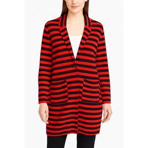 Ann Taylor Red & Navy Striped Long Knit 1 buttton Coatigans Cardigan Coat Large